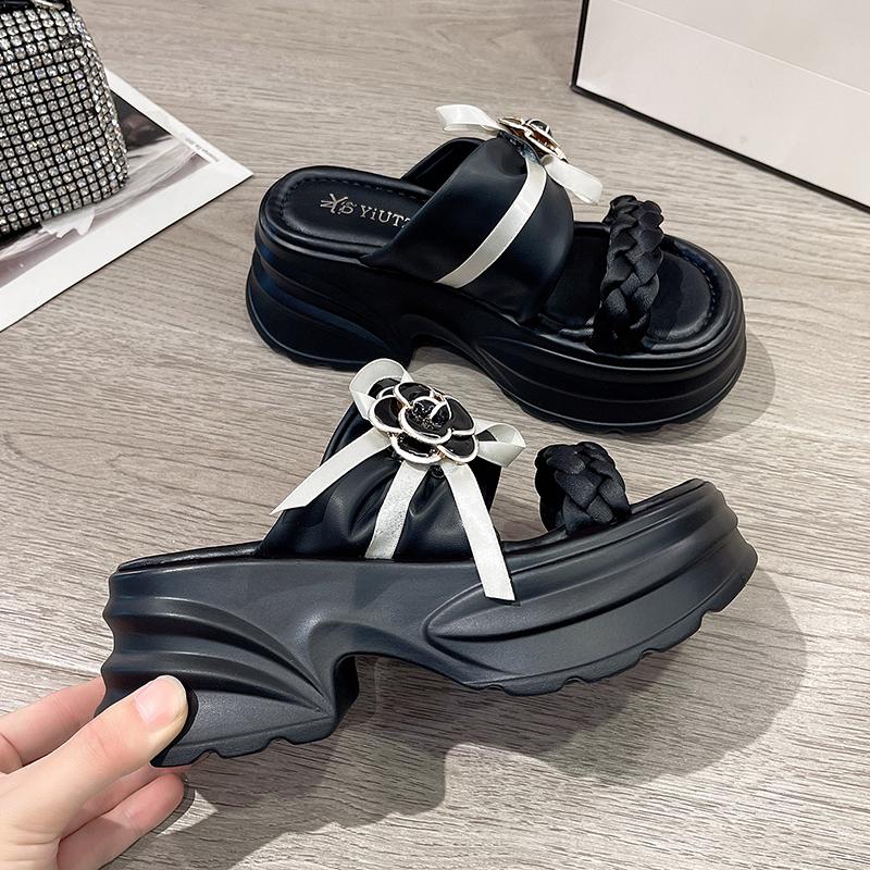 Fashion 9CM Heels Chunky Slippers For Women Open Toe High Platform Leather Sandals Woman 2025 New Summer Thick Bottom Beach Flip Flops