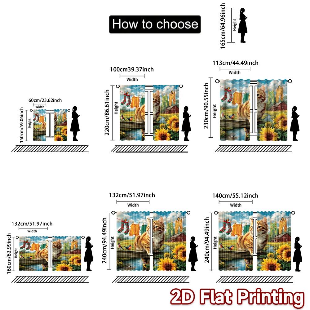 2D flat printing 2pcs Curtain Window Drapes Summer Farm Cat Scene Digital Printed Polyester Drapes Festive Wall Decor Use for