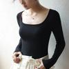 Shirt Square Neck Ribbed Fabric Autumn Bottom Shirt Black Low Neck Women's Shirt Striped Splicing