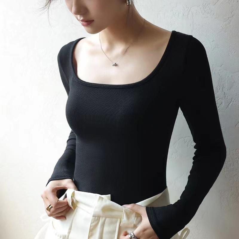 Shirt Square Neck Ribbed Fabric Autumn Bottom Shirt Black Low Neck Women s Shirt Striped Splicing XS чёрный
