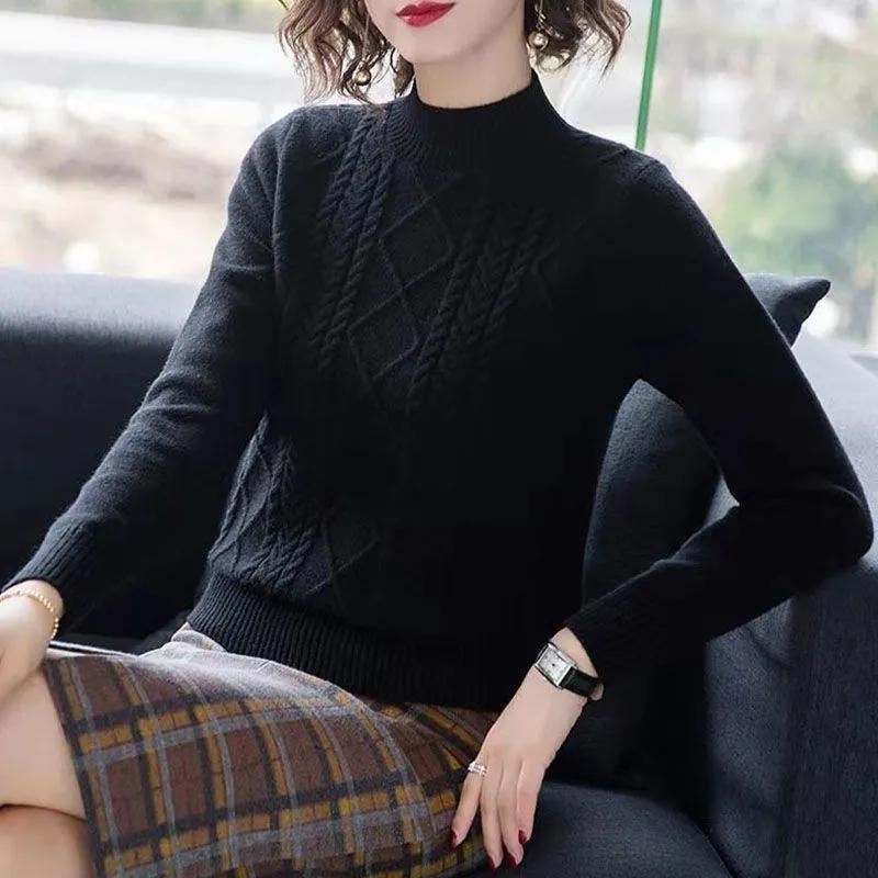 Autumn Winter Women's Loose Fit Cable Knit Half Turtleneck Sweater Thick Solid Color Knitted Base Shirt