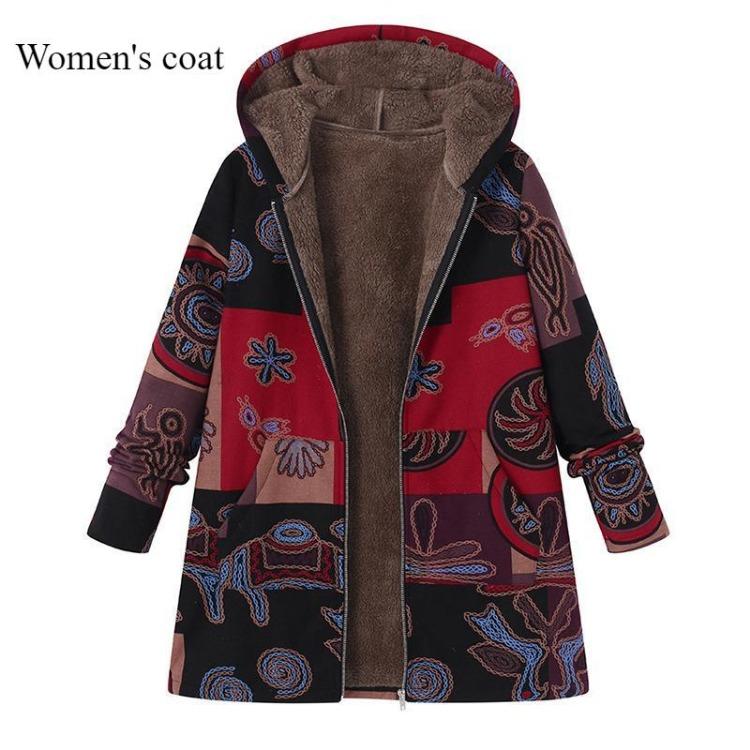 Hooded Women Thick Cotton Linen Jacket Zipper Print Coat Warm Pocket New Autumn Winter