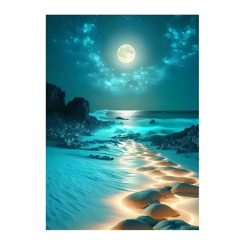Adults Cross Stitch DIY Moon Sea Sailboat Prints Embroidery Craft Cross-Stitch Kit Art Needlework Decor Painting Gift Sewin S6A8