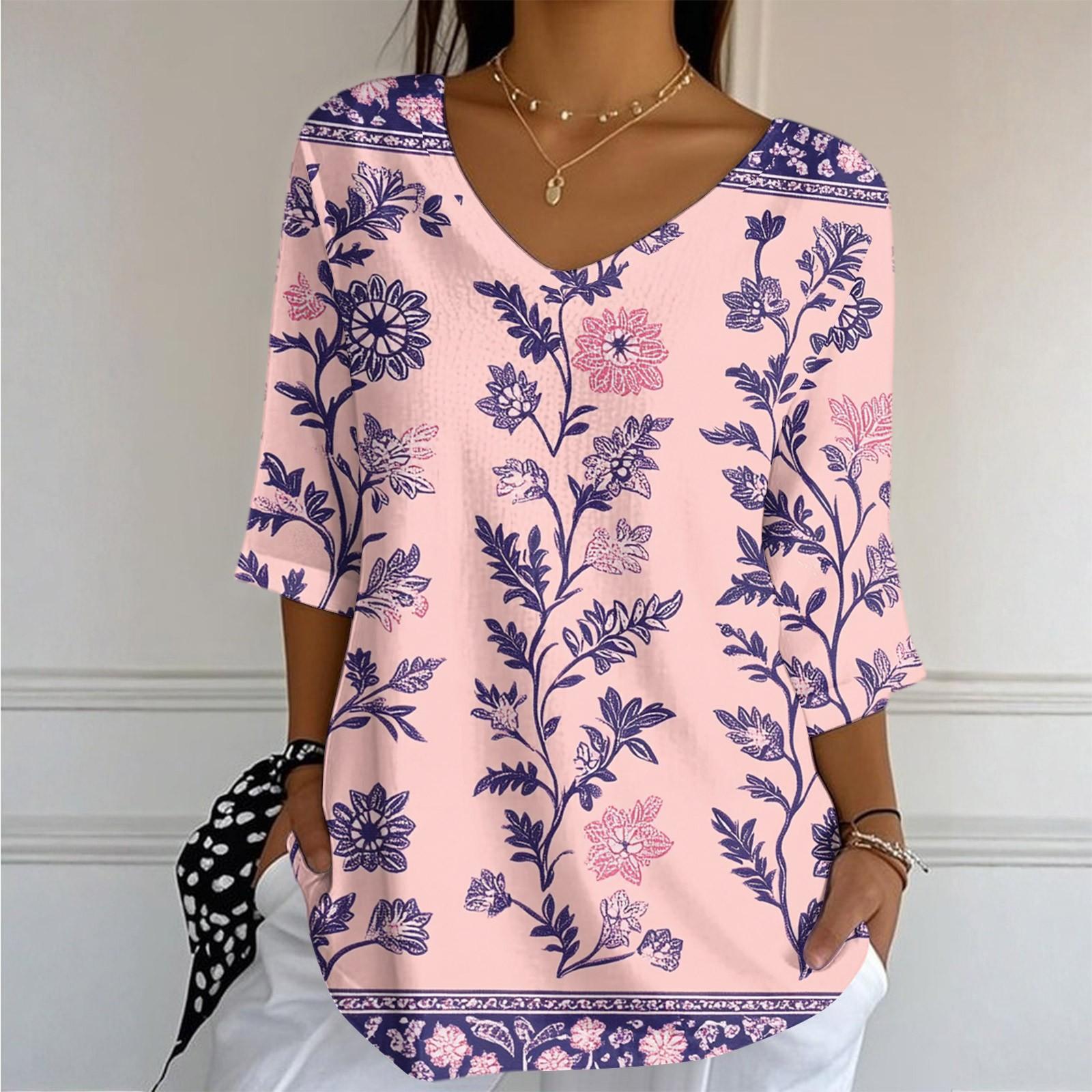 

Women s Casual And Fashionable V-Neck Floral Print Seven Quarter Sleeved Top Top S рожевий