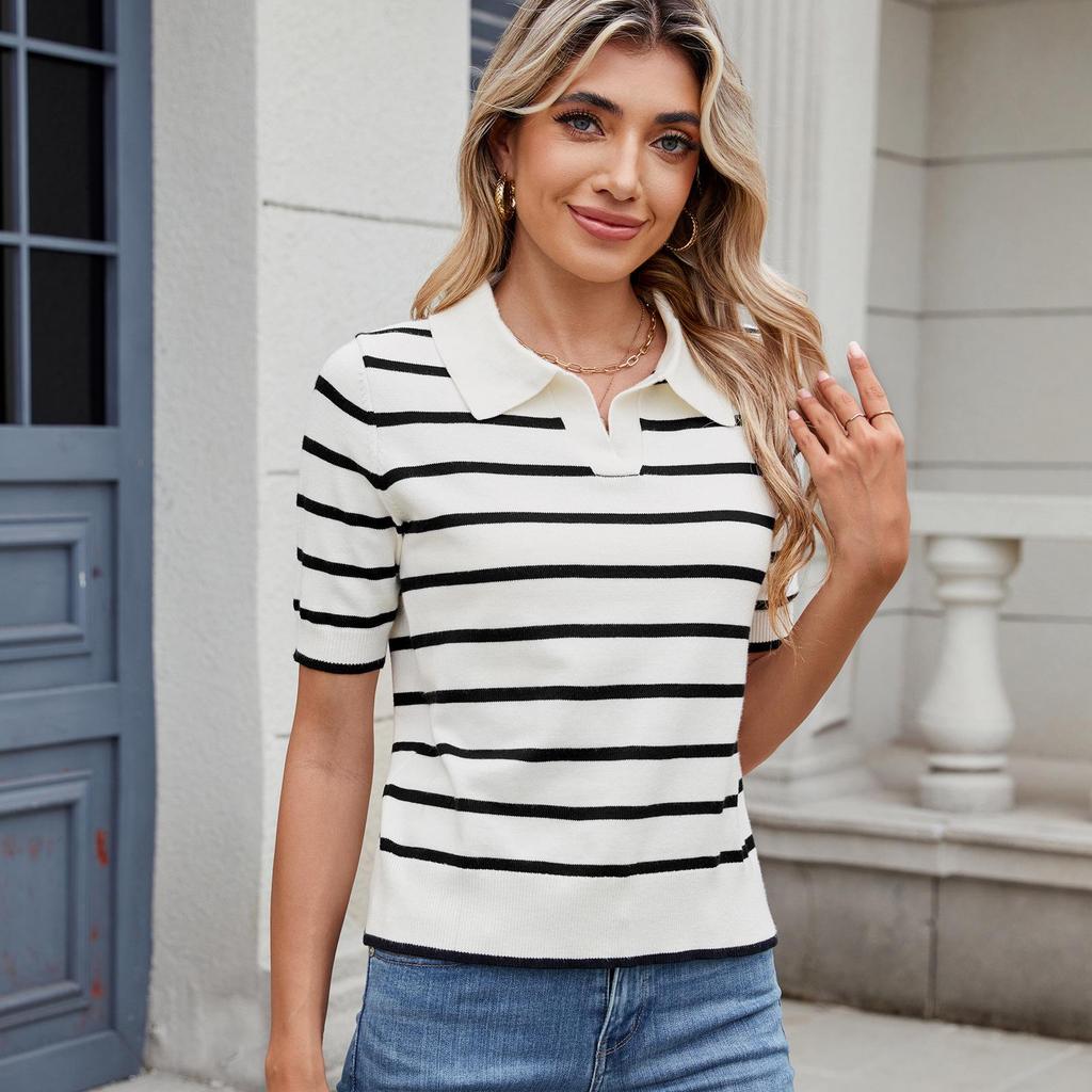 New 2025 Women's Casual Striped Knitwear Lapel Sweater Top