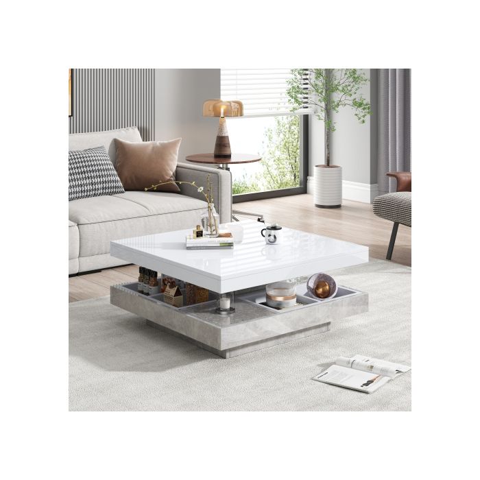 Table Basse - MUVOE - Double Plateau Pivotant - Blanc - Marbré - 70x70cm