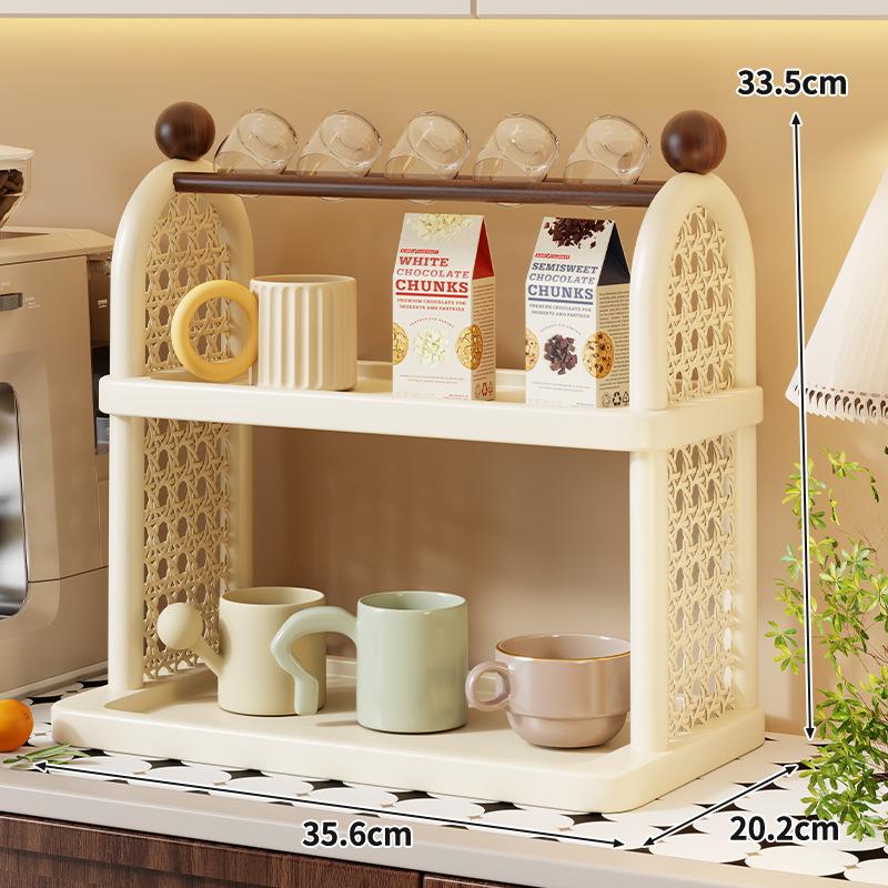 Mid-Century Modern Cup Stand Multi-Tier Wooden Mug Rack with Drip Tray Countertop Coffee Mug Organizer Kitchen Multi-Tier Shelf