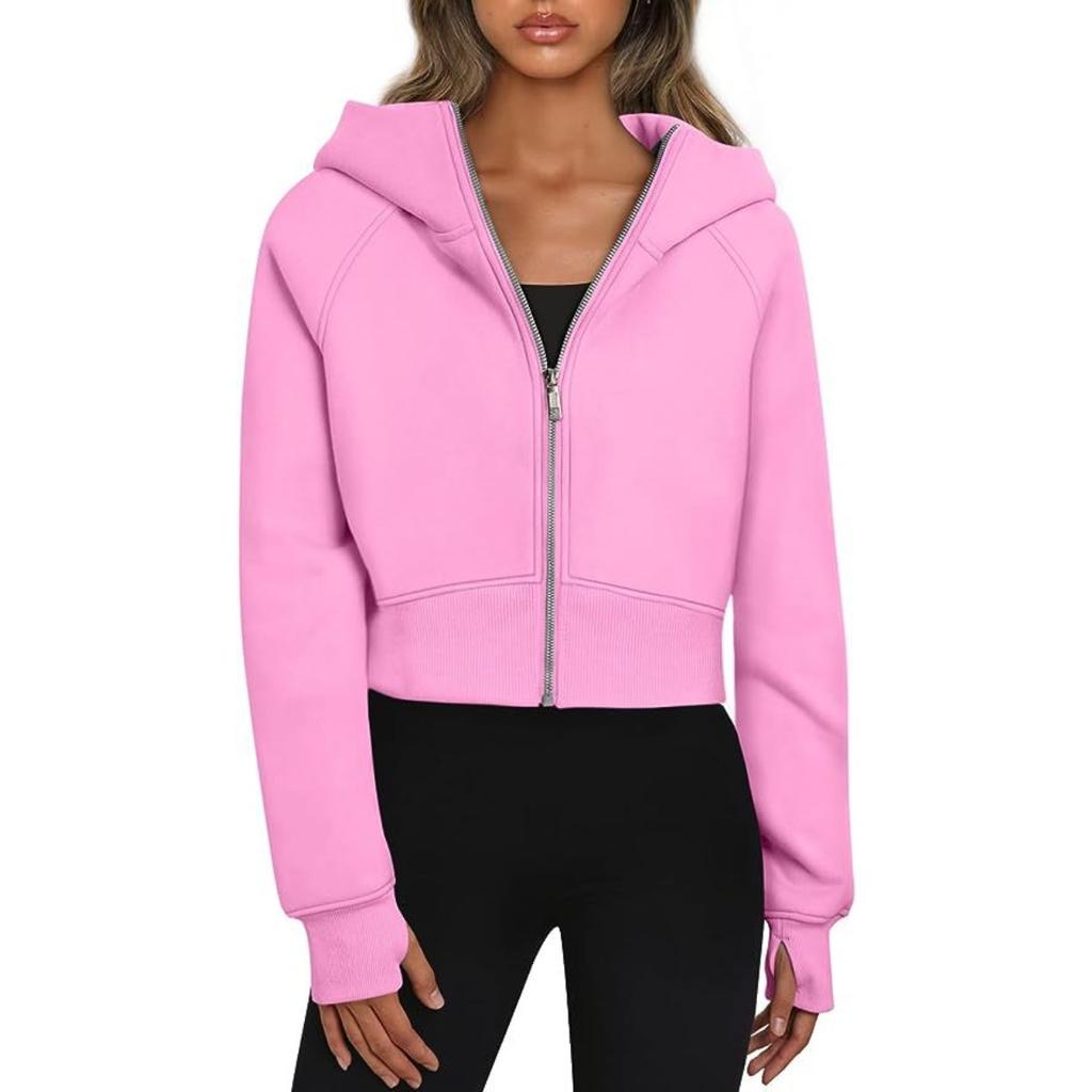 Women's Hooded Long Sleeve Full Zip Cropped Jacket Slim Fit Solid Color Casual Autumn Sweatshirt