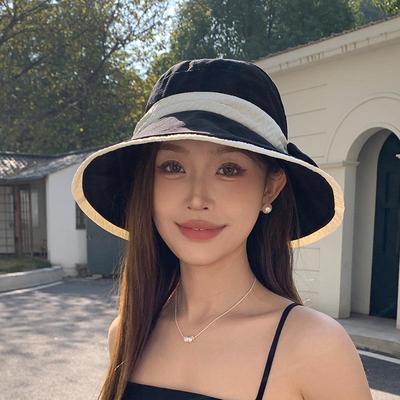Summer face covering sun protection hat children two-color bow big brim bucket hat premium outdoor sun hat