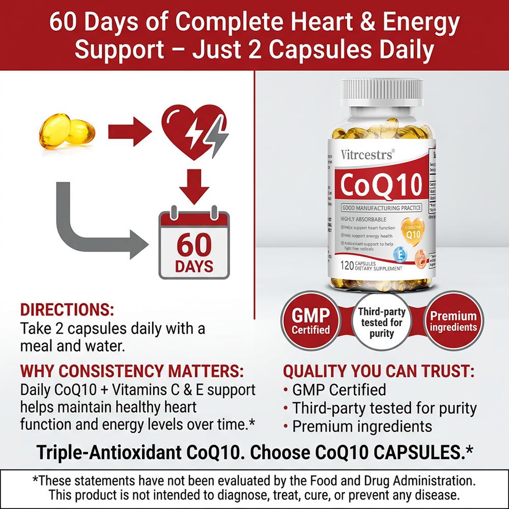 Coenzyme Q10 Dietary Supplement, With Vitamin C, Vitamin E, 120 Softgels Per Bottle