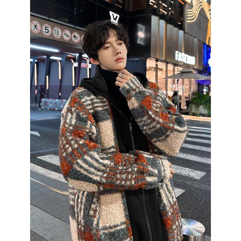 Men's Retro Plaid Patchwork Wool Hooded Jacket - Double-Sided, Thickened Outerwear for Autumn/Winter