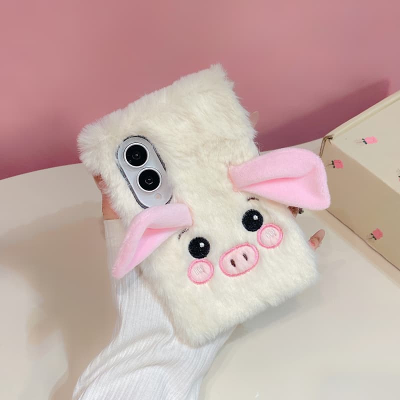 Kawaii Cartoon Plush Pig Phone Case For Samsung Z Fold 8 Ultra 7 6 5 4 ZFold8 Fold7 Fold6 Cover with Chain Fur Fluffy Cute Cases