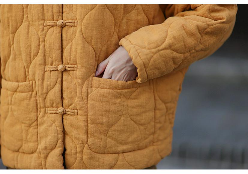 Women's Winter Ramie Quilted Jacket, Retro Stand Collar, Frog Closure