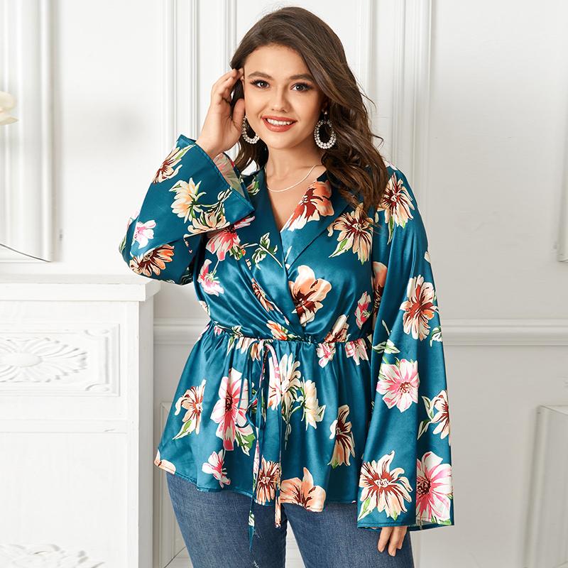 

Женская весенняя блузка с длинным рукавом с цветочным принтом и лацканами спереди
