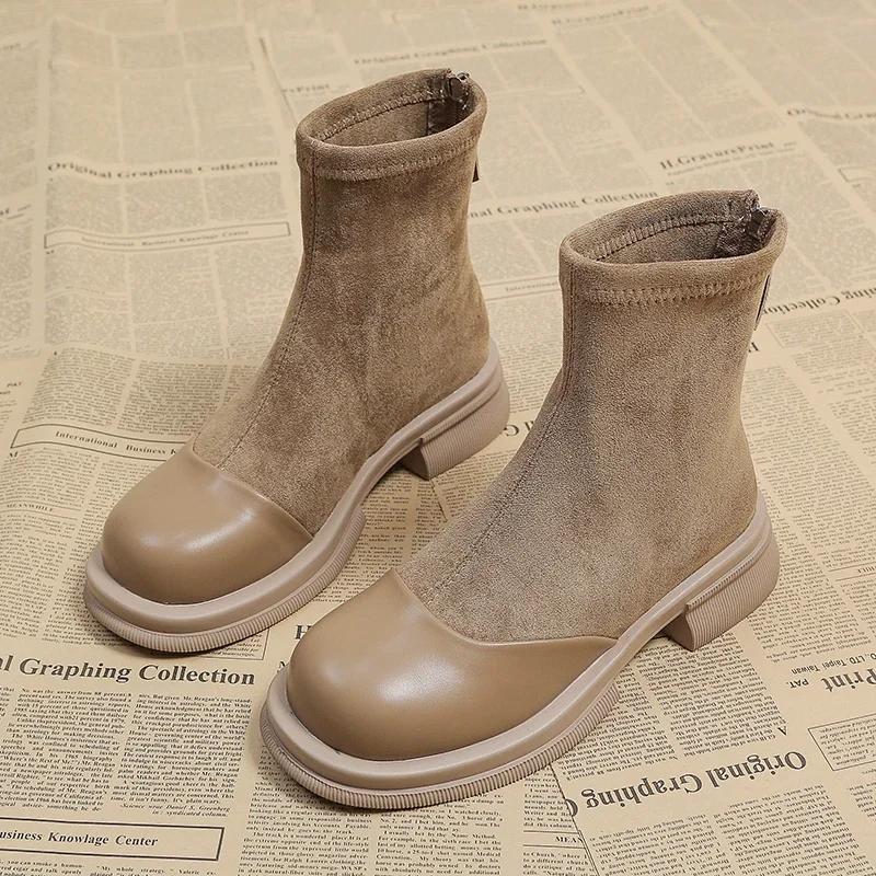 Mode Schuhe für Damen 2024 Heißer Verkauf Reißverschluss Damenstiefel Herbst Runde Zehenpartie Uni Flock Plateau Wasserdicht Kurzer Schaft Westernstiefel
