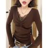 Plus Size Velvet Lace Long Sleeve Warm Top - Stylish Korean Autumn Winter Loose Fit