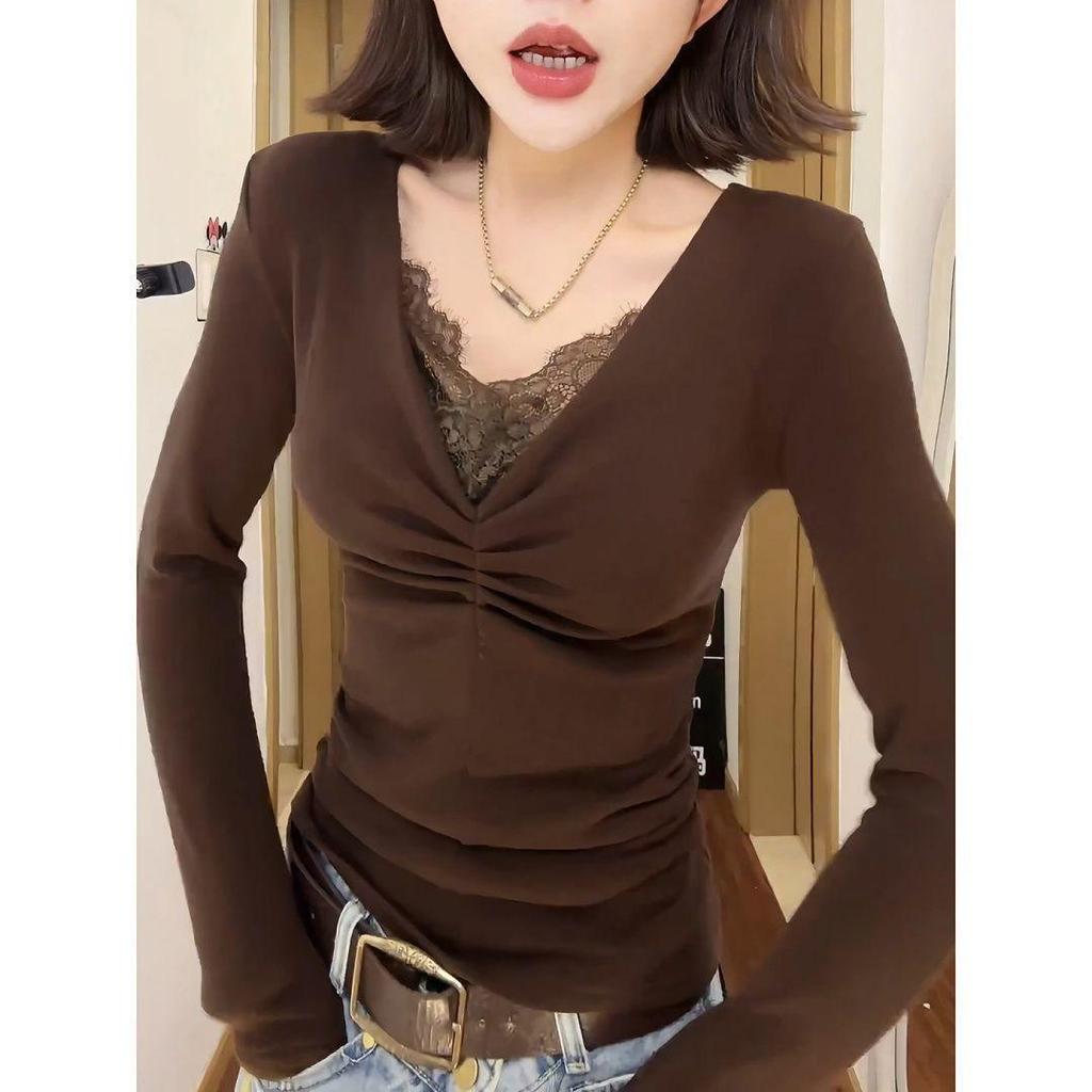 Plus Size Velvet Lace Long Sleeve Warm Top - Stylish Korean Autumn Winter Loose Fit