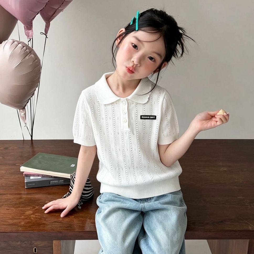 Summer Girls Hollow Knit Polo Shirt Collar Short Sleeve T Shirt Baby Casual Versatile Top 90