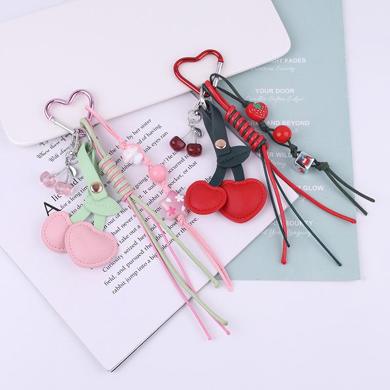 Personality Cherry Keychain Cute Sweet Leather Fruits Keyring Car Key Holder Bag Pendant Decoration Girls Gifts