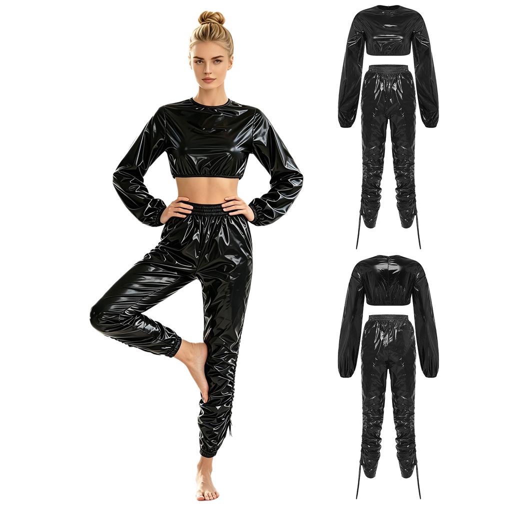 Waterproof Vinyl Long Sleeve Crop Top and Elastic Waist Capri Pants Set with Back Zipper Side Drawstrings for Women Fitness Workout