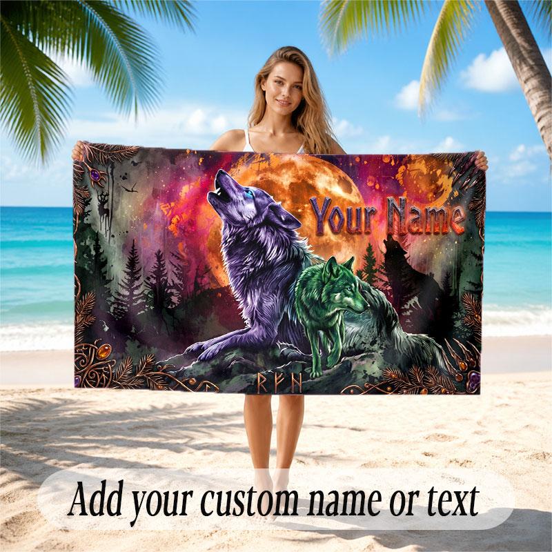 Wolf Theme Beach Towel Personalized Custom Name & Text Soft Quick Dry Beach Towel for Swimming Travel