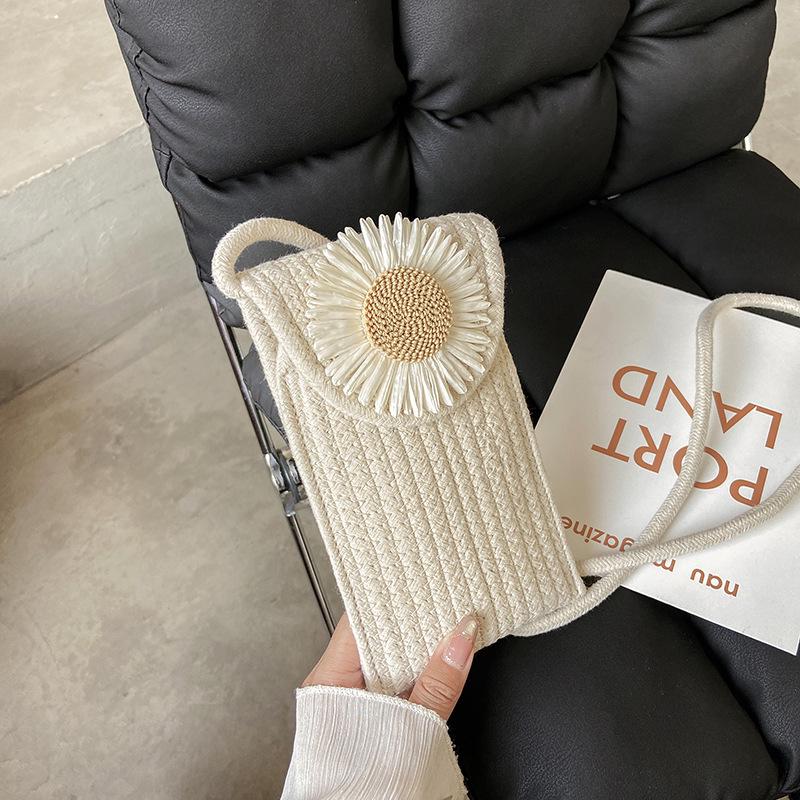 Damen Strandurlaub Umhängetasche: Gewebtes Baumwollseil Blumendesign für Handy & Münzen