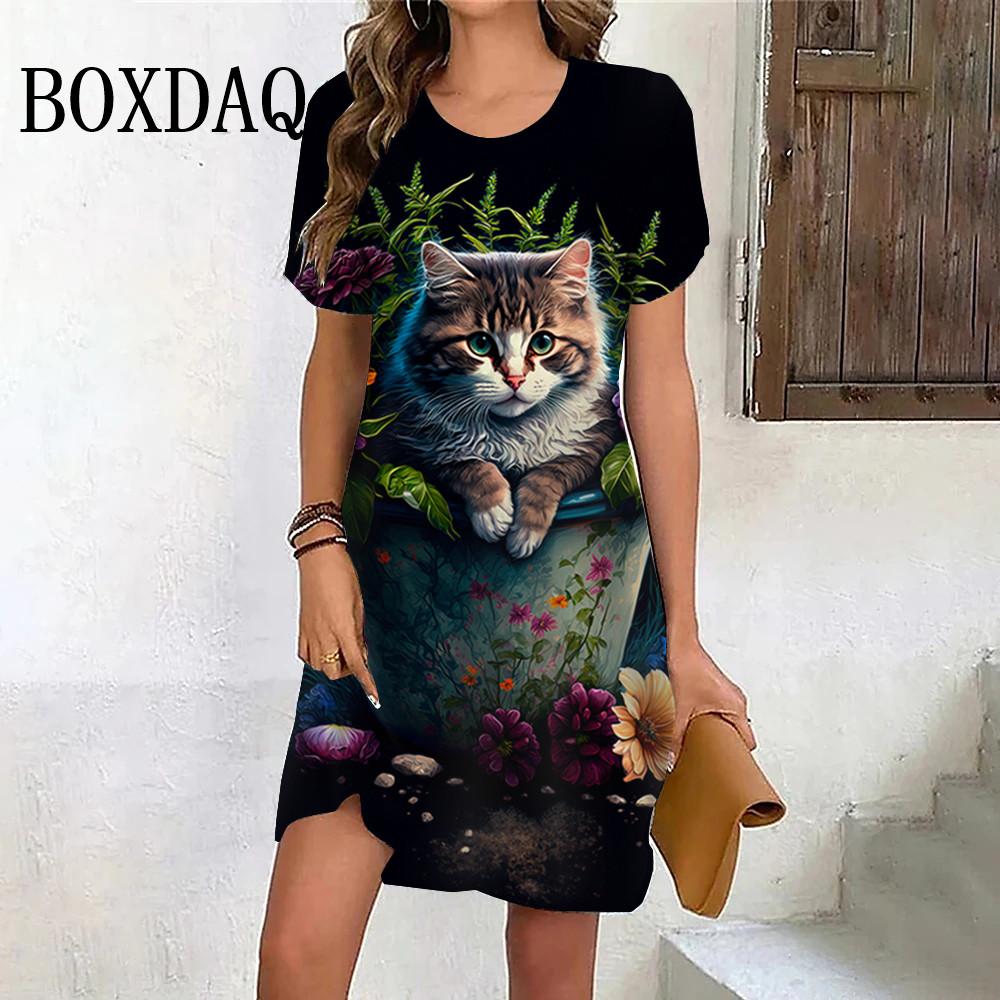 3D Animal Print Mini Dress Women Kawaii Cat Graphic Short-sleeved Casual Loose A-line Dress Women's Clothing Fashion Summer Dress