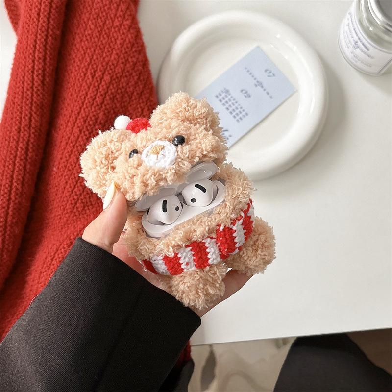 Plush cartoon scarf bear suitable for airpods 4th generation protective case 2nd generation 3rd generation pro2 apple bluetooth headset case
