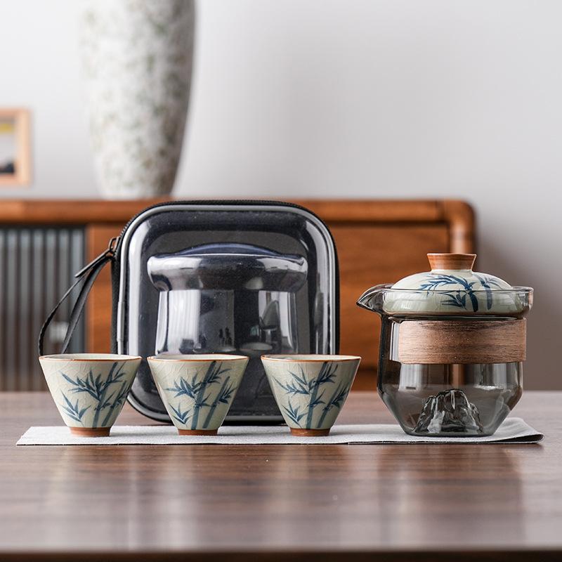 

Boutique hand-painted Ge kiln light luxury travel tea set outdoor portable set high-end business gifts can be raised