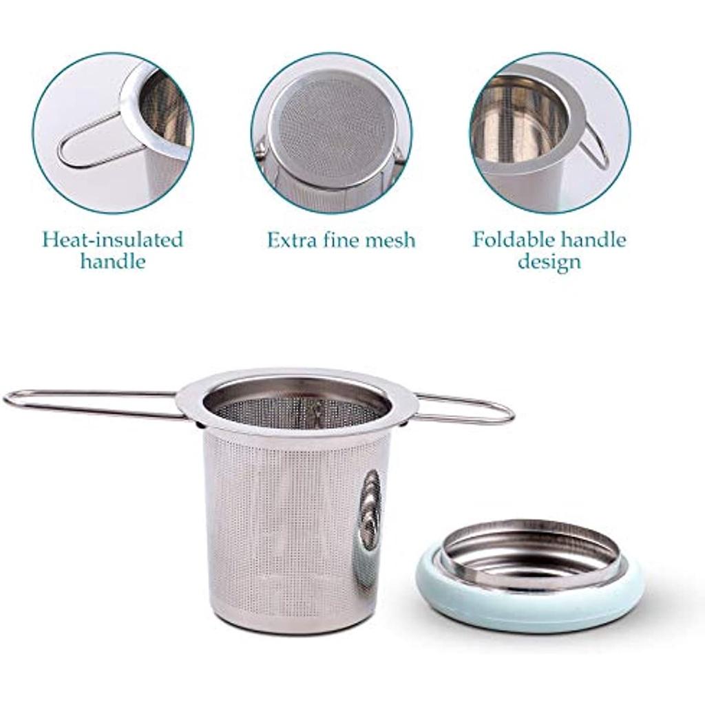 Infusore per Tè in Acciaio Inossidabile con Manico Pieghevole-Filtro per Tè a Maglia Super Fine con Coperchio per Tè Sfuso (Azzurro)