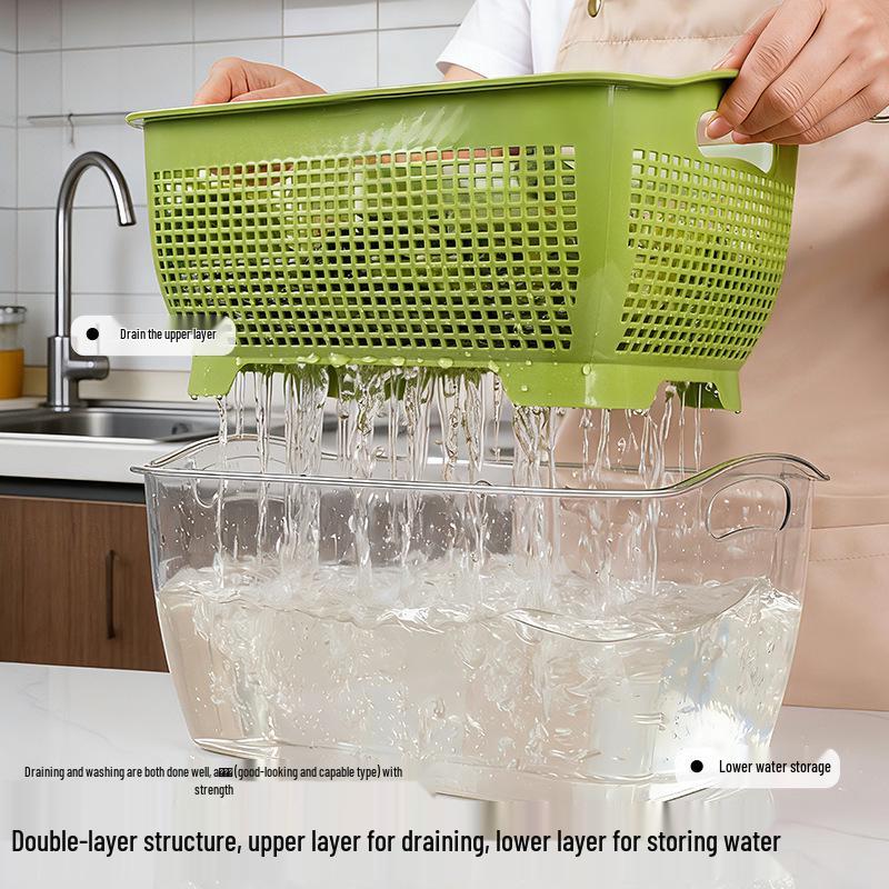 Dual-Layer Draining Basket for Vegetables, Fruits, and Rice - Large Capacity Storage Basin