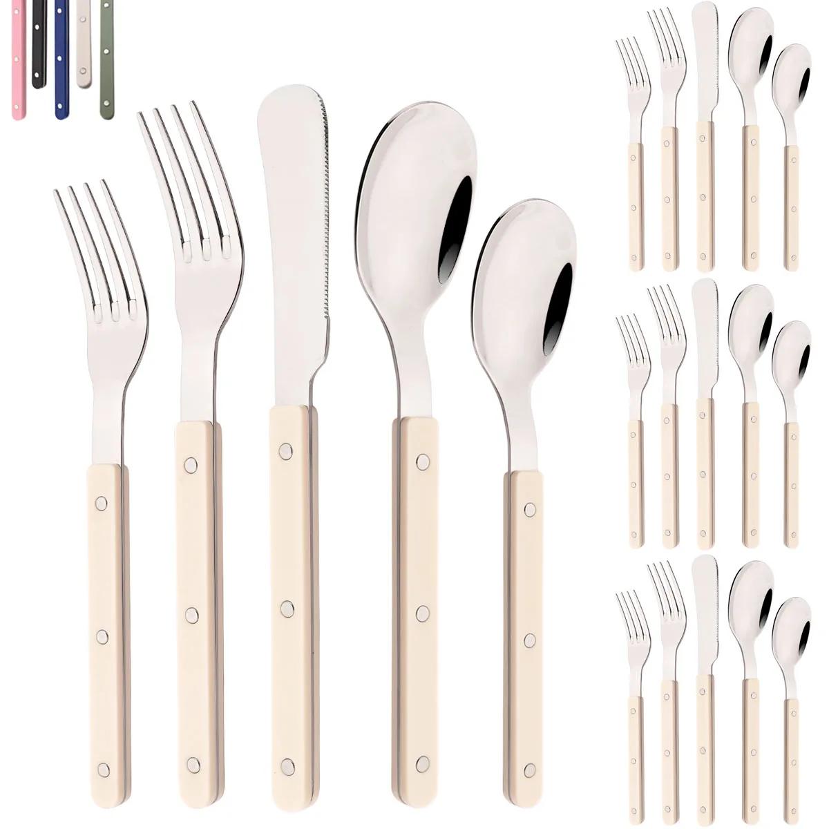 

Beige Silver 20Pcs Dinnerware Acrylic Handle Knife Fork Spoon Set Stainless Steel Cutlery Set Western Dinner Kitchen Flatware