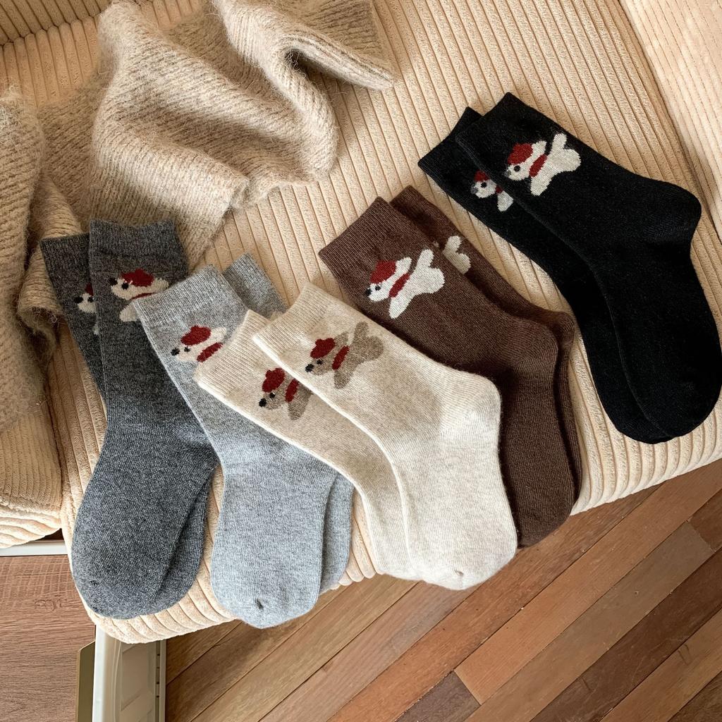 Socks Women'S Thickened Warm Wool Socks Cartoon Puppy Cute Versatile Medium Tube Socks Fleece Soft Stacking Socks