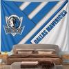 Blue and white geometric design with "Dallas Mavericks" and team logo. Patterned tapestry for bedroom and living room home decor