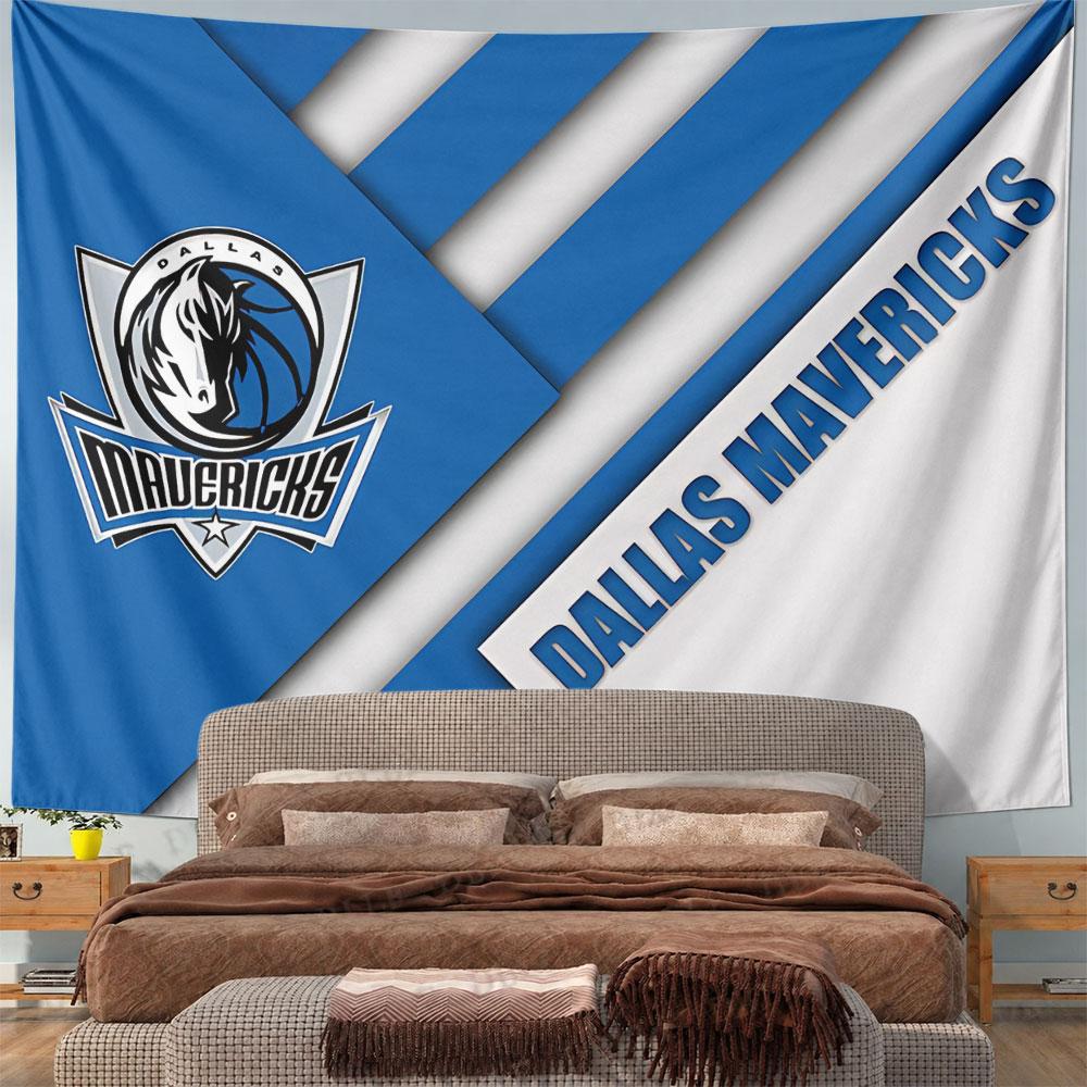Blue and white geometric design with "Dallas Mavericks" and team logo. Patterned tapestry for bedroom and living room home decor