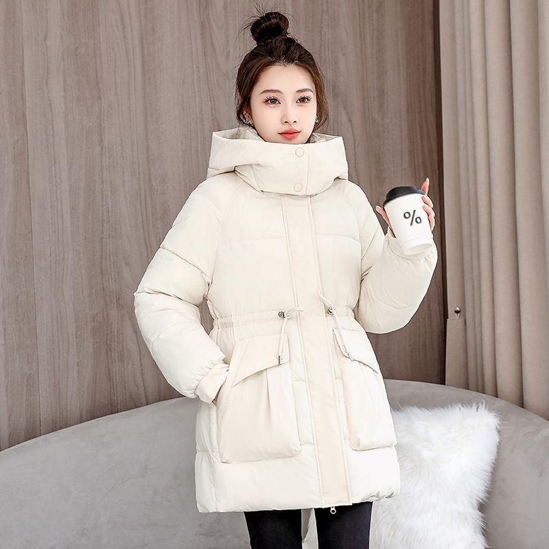 

Хлопковое зимнее пальто средней длины с капюшоном и кулиской на талии, 2025 L 58-65kg