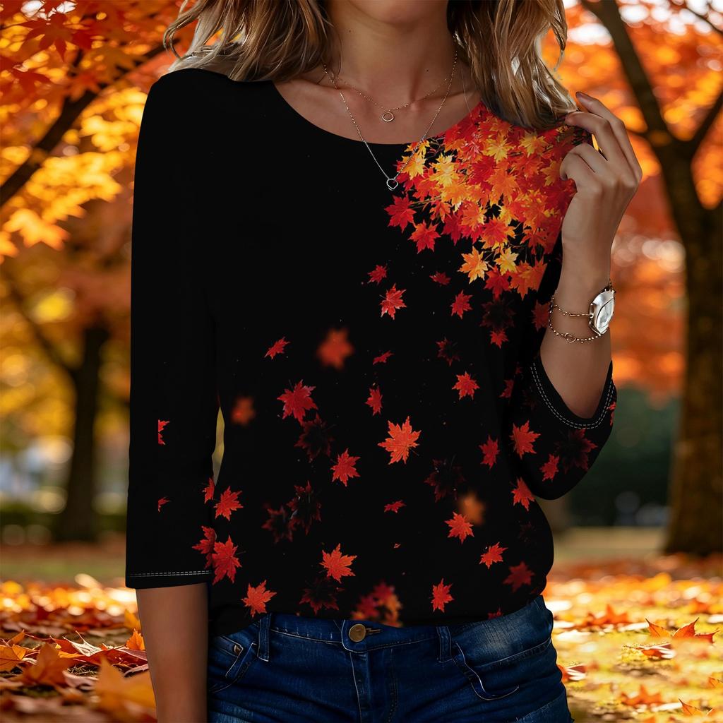 Women's Fashion Casual Three-Quarter Sleeve Round Neck Top with Leaf Print