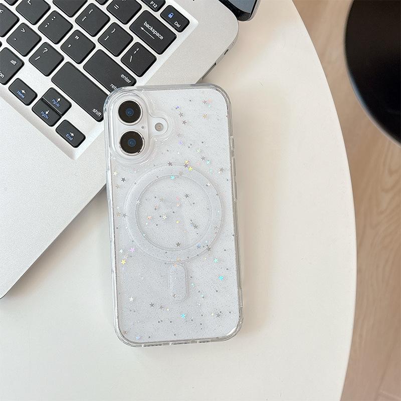 Applicable to Apple 16Promax transparent glitter star 17 sequin magnetic mobile phone case Iphone15 Epoxy soft case