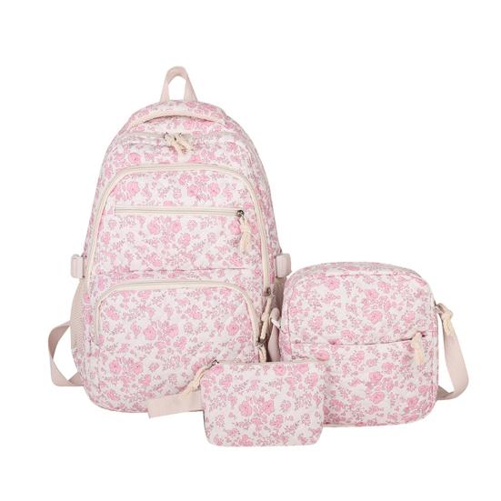 3 Pcs/Set Floral Backpack Women Flower Rucksack Shoulder Bag Makeup Pouch Quilted Daypack for Girls School Work Travel