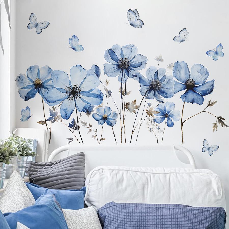 Fresh Blue Butterfly & Flower Wall Sticker Self-Adhesive Decal for Bedroom Living Room Entrance Home Decor