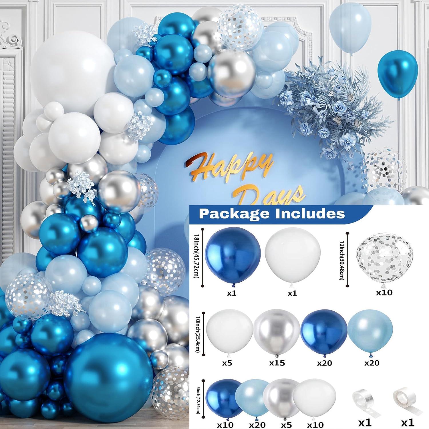 

119 шт., металлические синие, серебряные воздушные шары, гирлянда, арочный комплект, светло-голубые, белые воздушные шары с конфетти для украшения дня рождения, свадьбы, вечеринки