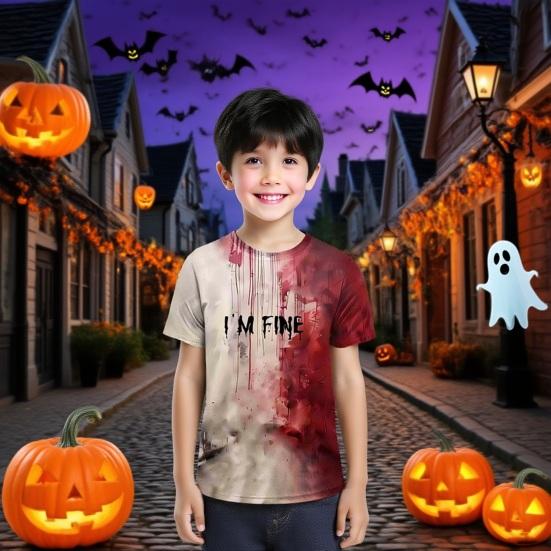 Kids Halloween T-shirt Blood Stain Print Tee Shirt Spooky Crew Neck Short Sleeve T-shirt for Horror Themed Party Costume Street Wear