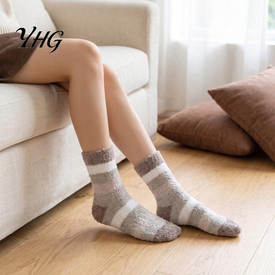 Skiing Thermal Layer Socks Thickened Coral Fleece for Men, Striped Mid-calf Socks, Soft Winter Gift Women Fuzzy Crew Winter, Cold Weather Warm