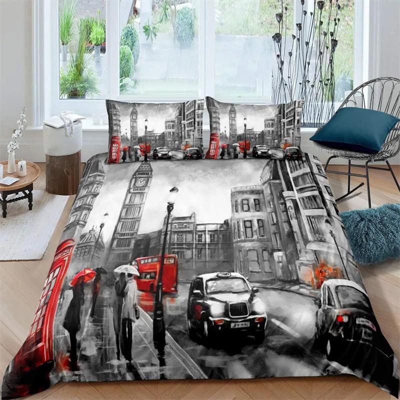 Londen Telefooncel Koning Koningin Dekbedovertrek De Big Ben Beddengoed Set Retro Verenigd Koninkrijk Dekbedovertrek Rood Grijs Dekbedovertrek 150X200cm-3pcs