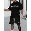Men's Los Angeles Gothic Font Printed Short Sleeved Shorts Two-piece Set
