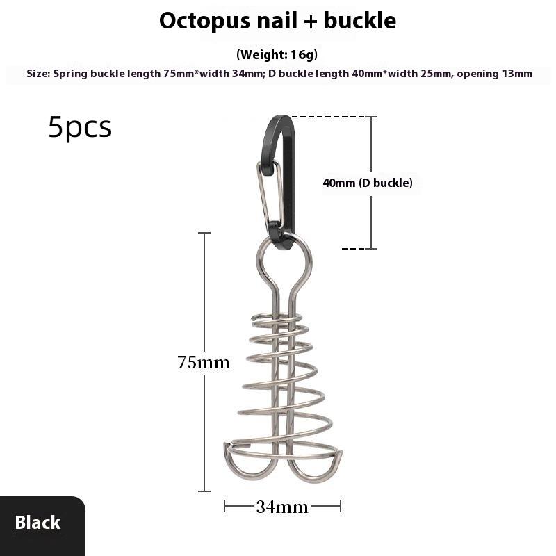 

5Pcs Outdoor Camping Octopus Rope Buckle Camping Deck Nail Stainless Steel Fixed Tent Rope Buckle Wooden Hook Spring Wind Rope