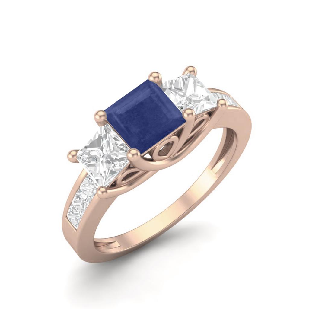 2.75 Cts Square Three Stone Blue Sapphire 925 Sterling Silver Rose Vermeil Women Engagement Ring