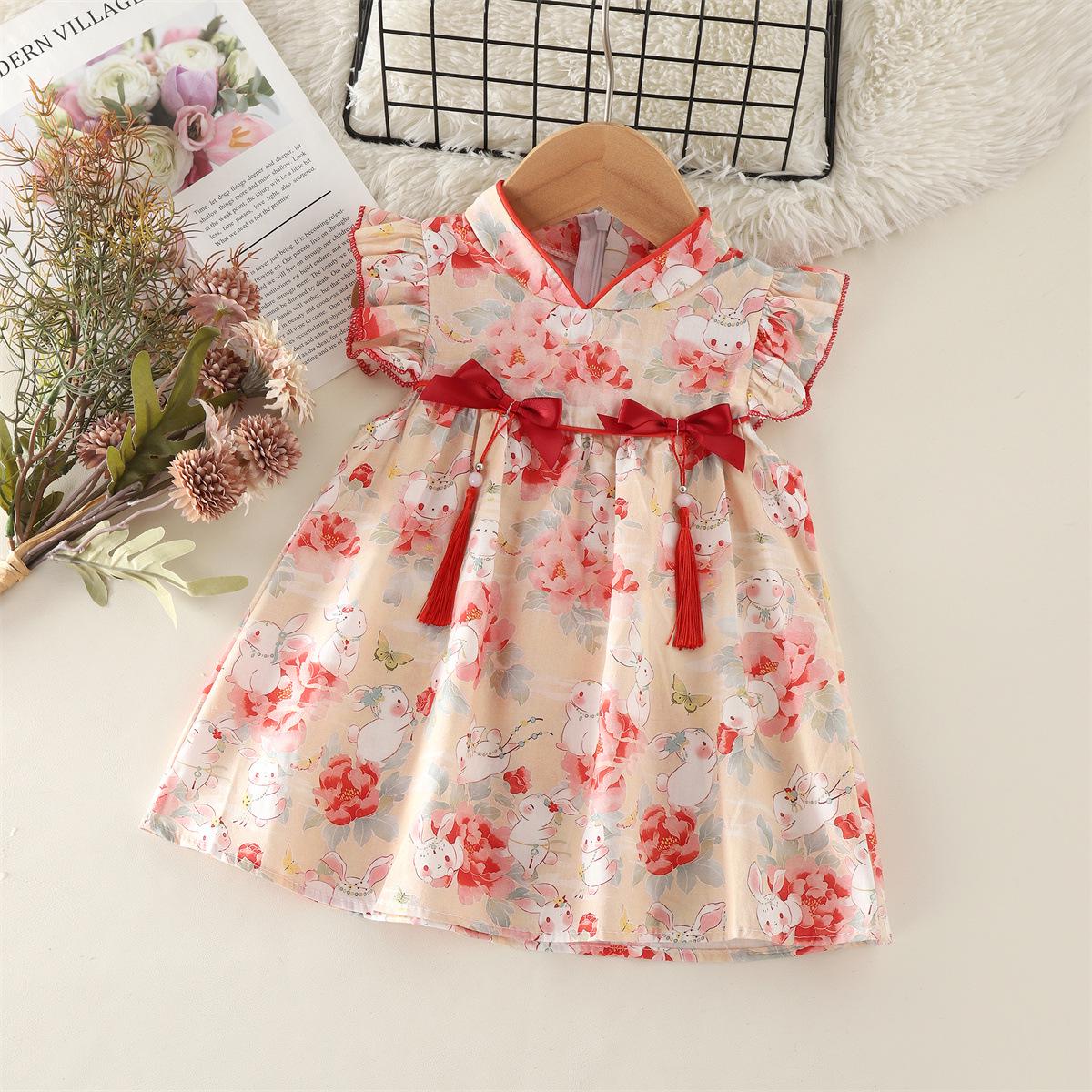 

Baby Girl Summer Cheongsam Dress - Cartoon Rabbit & Floral Print 12/110cm красный