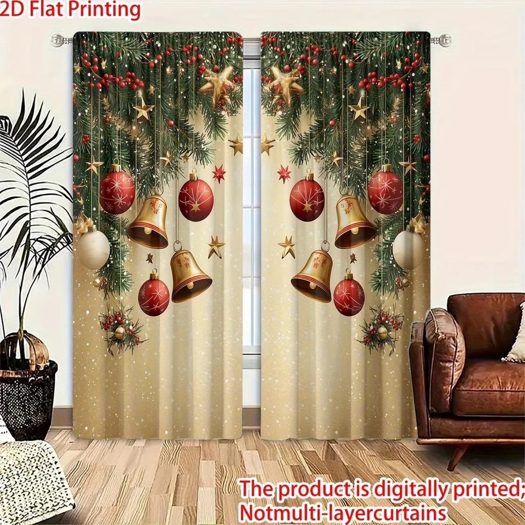 2PCS Christmas Curtains Golden Bell Xmas Ball Pine Branch Snowflake Digital Print Drapes for Living Room Bedroom Holiday Decor