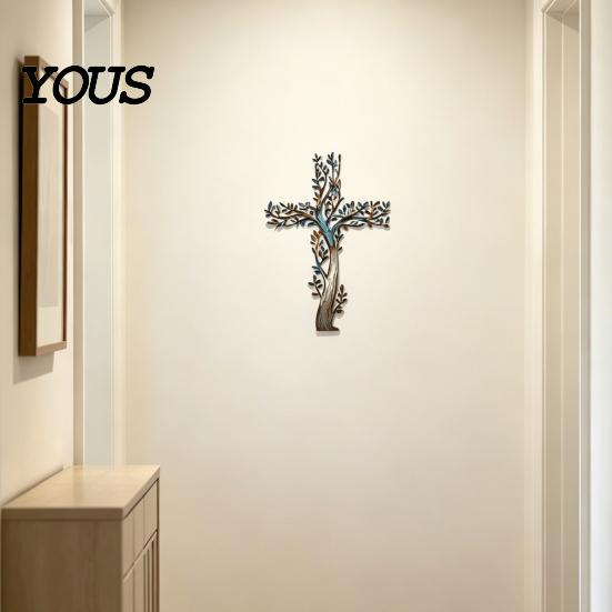 Metal Tree Wall Hanging Cross Art, of Life Crosses Retro Style Art Decor, for Garden Living Room Bedroom Gradient Color
